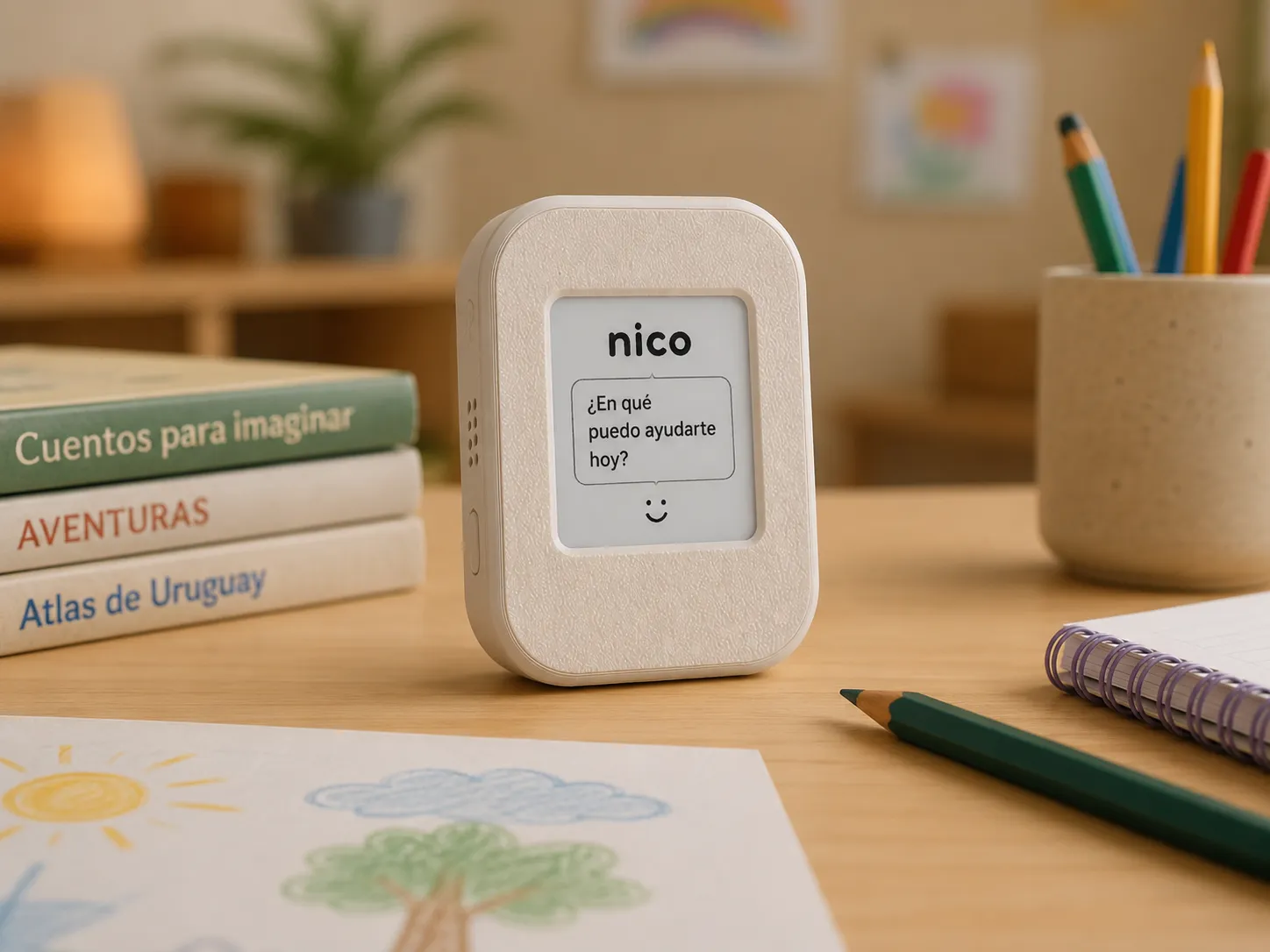 Nico sobre un escritorio infantil junto a libros uruguayos y un dibujo, mostrando '¿En qué puedo ayudarte hoy?' en su pantalla